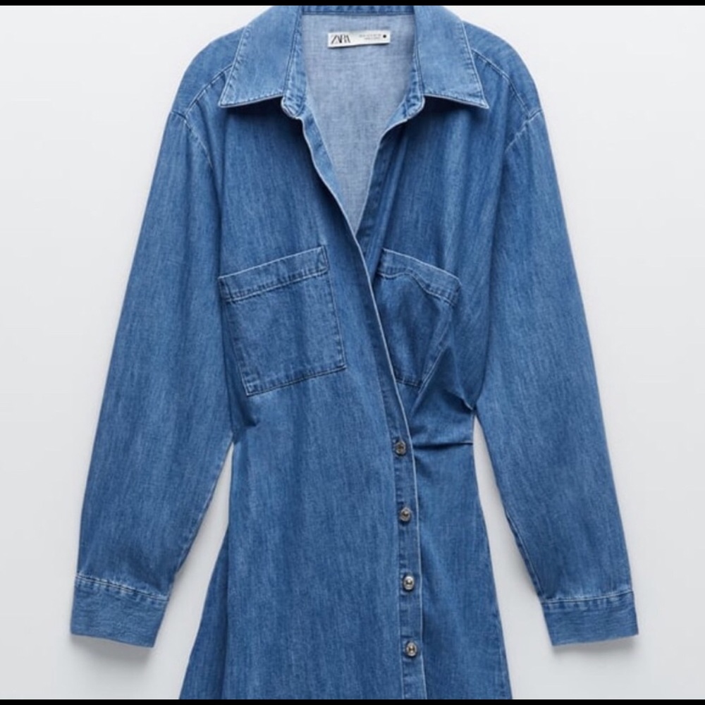 Zara denim wrap mini dress with lapel collar and long sleeves.